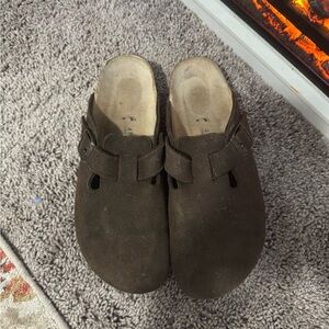 Brown Suede Clogs with Buckle